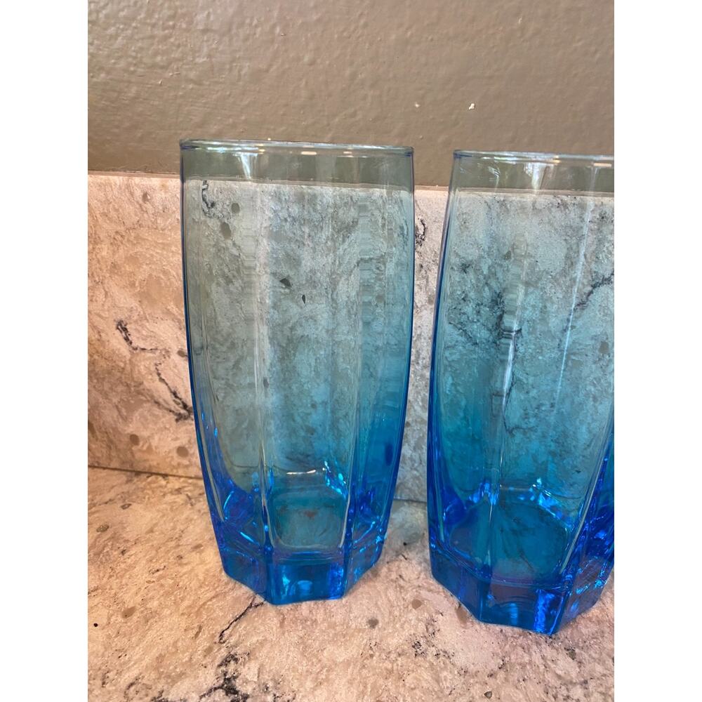 Vintage Set of 4 Cristar Amadeus Sky Blue Octagon Tumblers Blue Glasses 16 oz - Picture 2 of 9